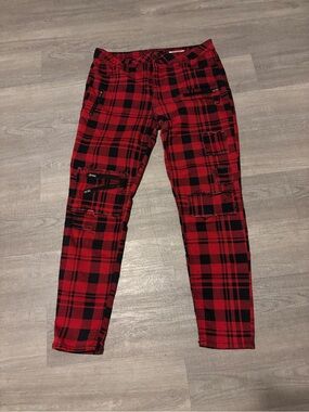 HOT TOPIC BLACKHEART RED PLAID BLACK PATCHWORK SUPER SKINNY JEANS Sz 17 Grunge